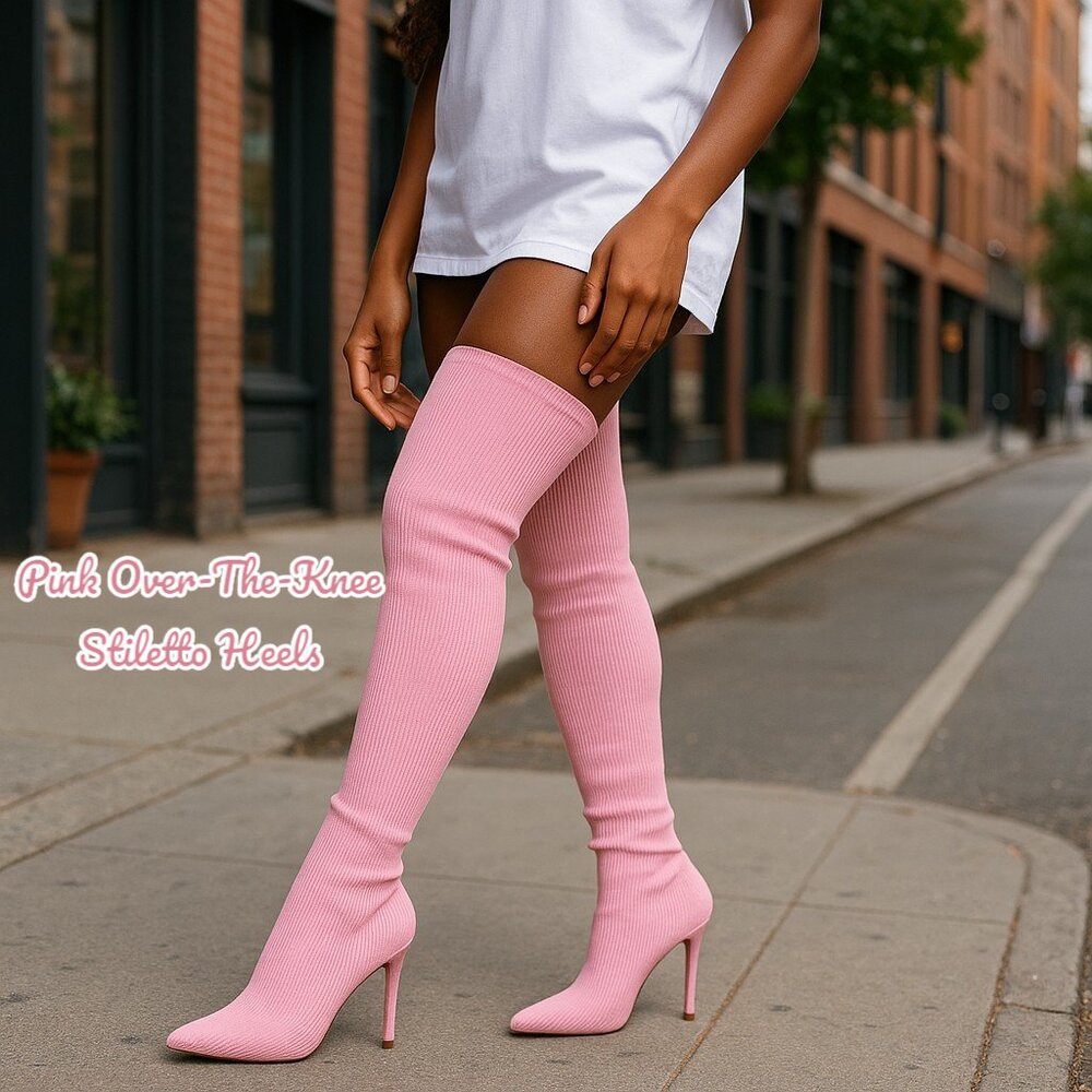 Pink Over-the-Knee Stiletto Boots - Women's Fashion